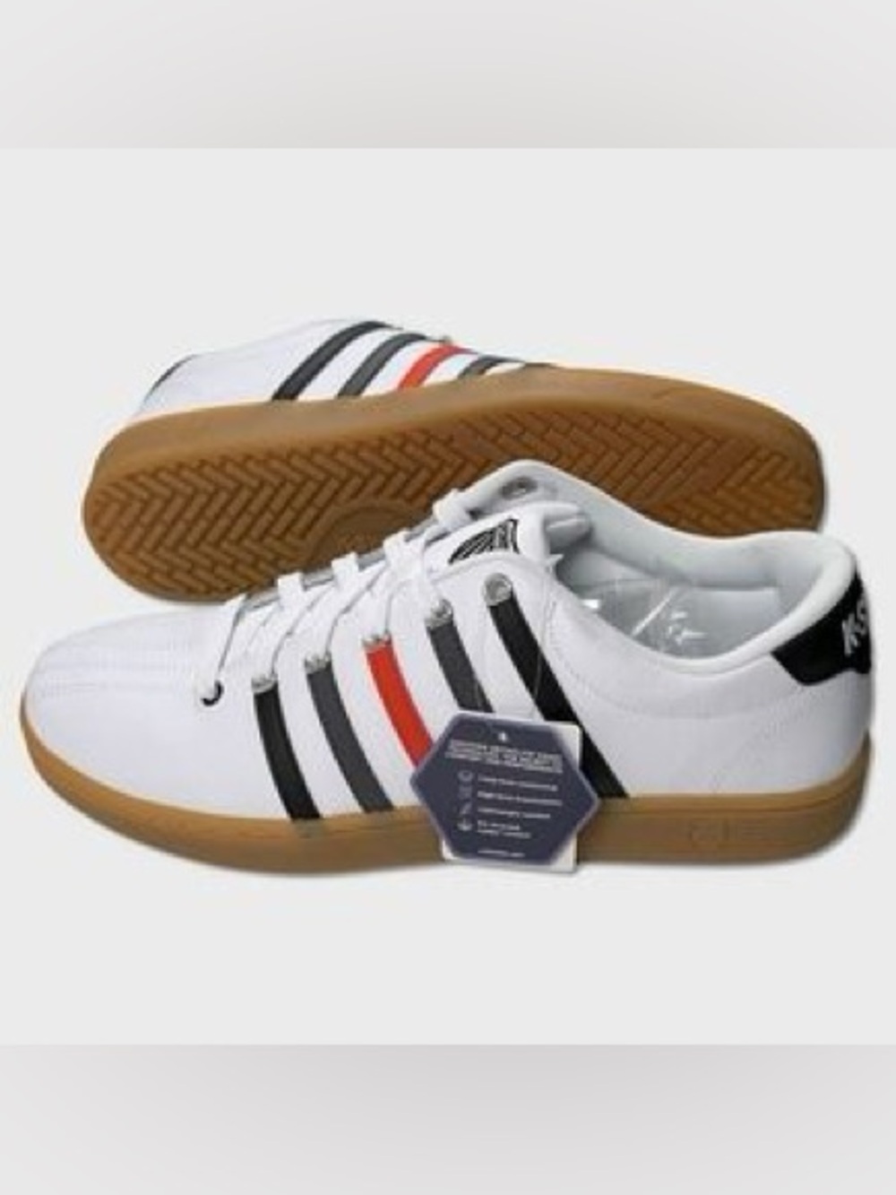 White Sneakers with Navy & Red Stripes